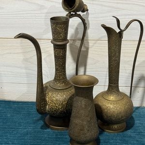 Vtg Handmade Brass Teapot Pitcher Vase Set 3 Made in India Each Signed Numbered